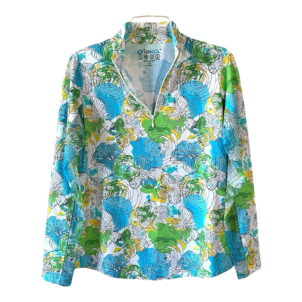 IBKUL Women's Size Medium Blue/Green Long Sleeve 1/4 Zip Activewear Top UPF 50